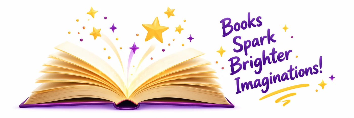 Open book with magical sparkles and the words Books Spark Brighter Imaginations