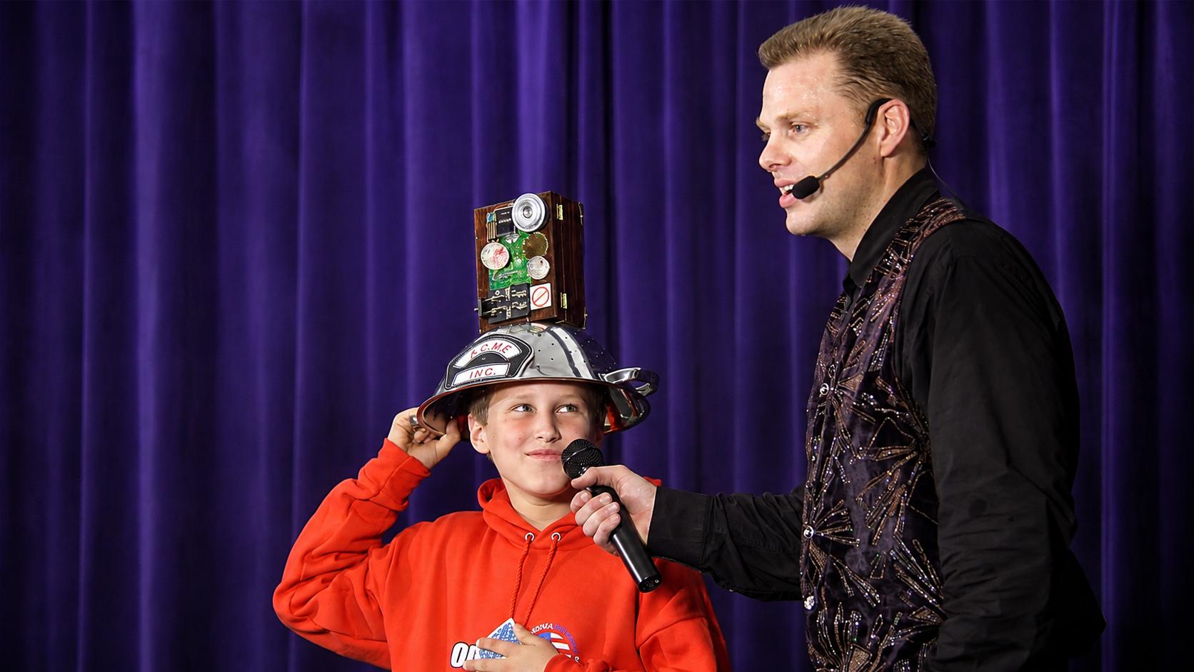 Brock Edwards using the Lie Detector routine to teach honesty and trustworthiness in a character education school assembly