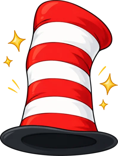 Whimsical red and white striped reading celebration hat with golden sparkles