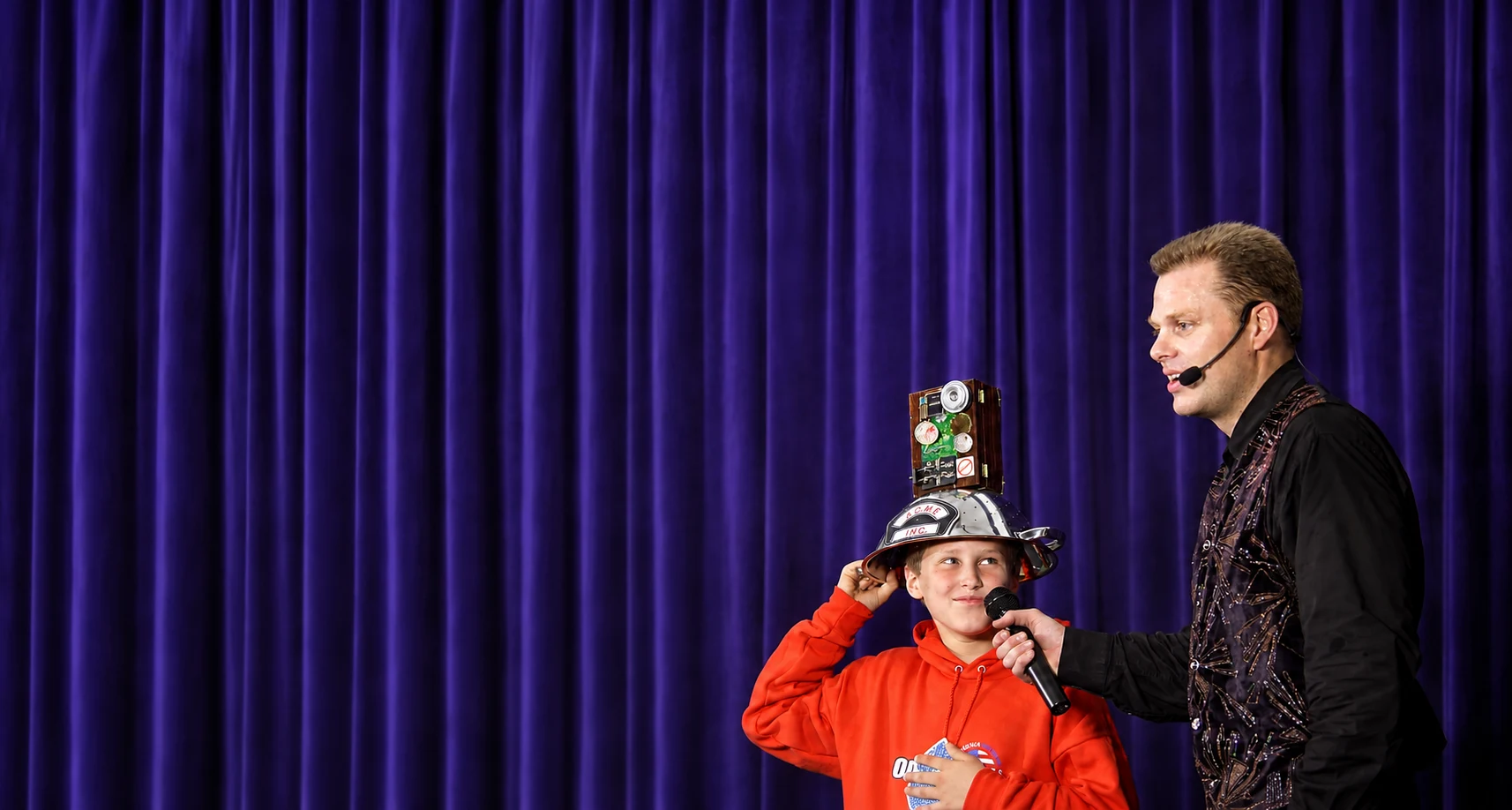 Brock Edwards using the Lie Detector routine to teach honesty and trustworthiness in a character education school assembly